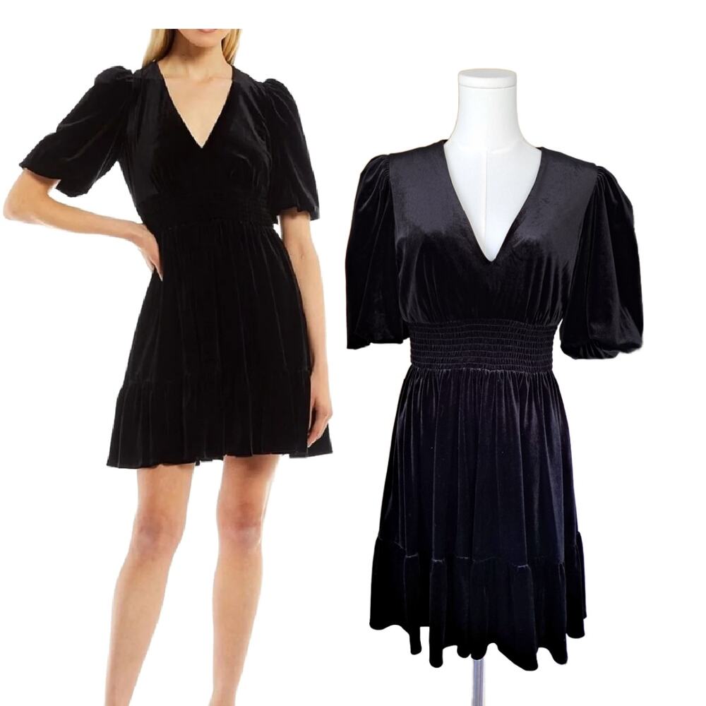 ANTONIO MELANI Black Velvet Thelma Mini Dress Size 6 V-neck Puff SleeveParty